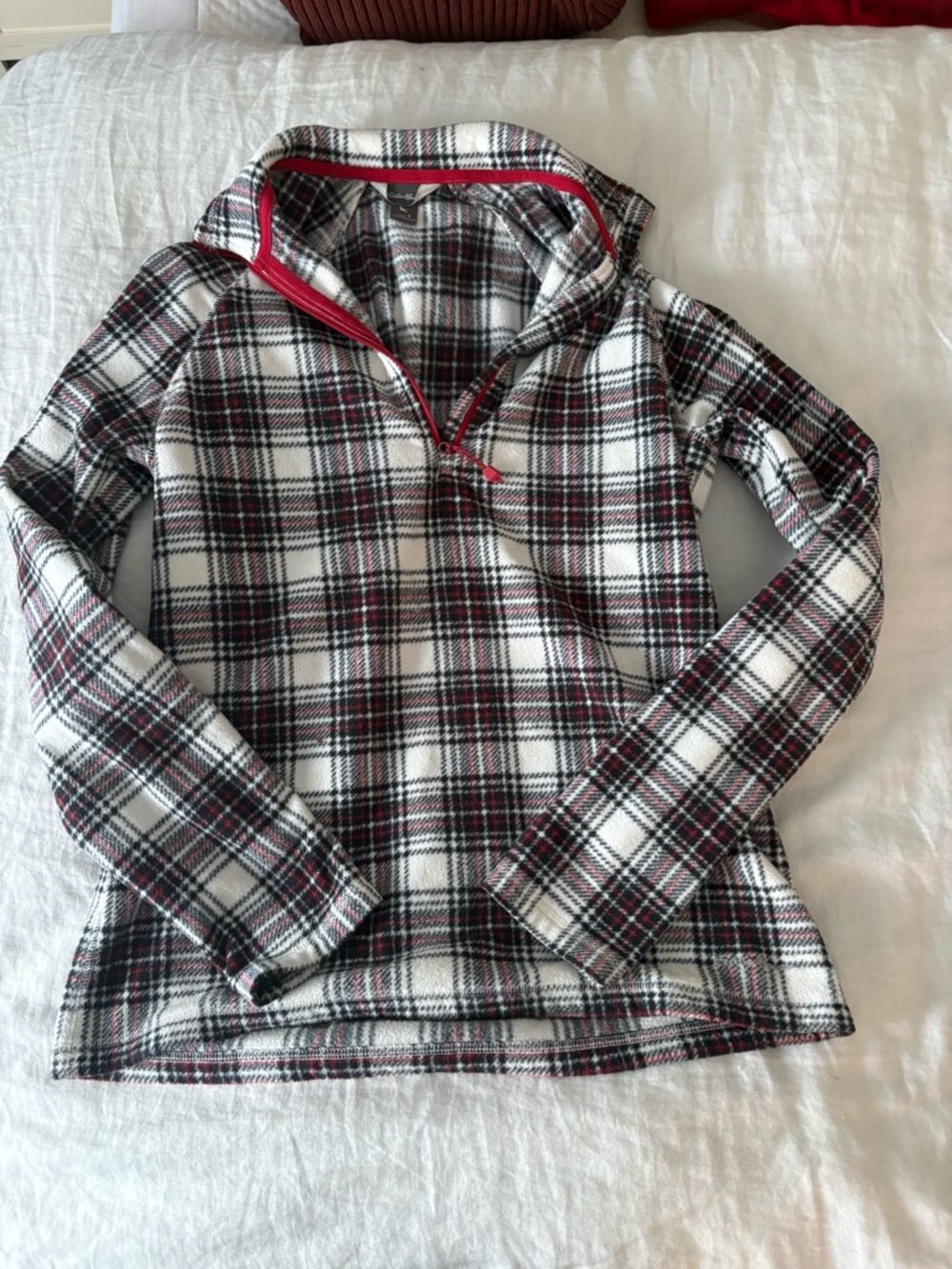 Eddie Bauer Black, White and Red Plaid Fleece Pullover